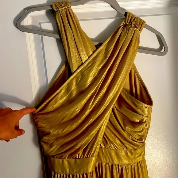 green emerald velvet dress Anthropologie Dress Large Womens Yellow Maxi Halter Neck Gold Chiffon Belted main image 1